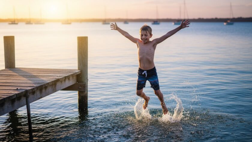 An epic moment captured during candid kids photography Lakes Entrance jetties adventure, showing a child joyfully leaping off a wooden jetty into the shallow water at sunset, dramatic backlighting, golden hour glow, professional color grading.