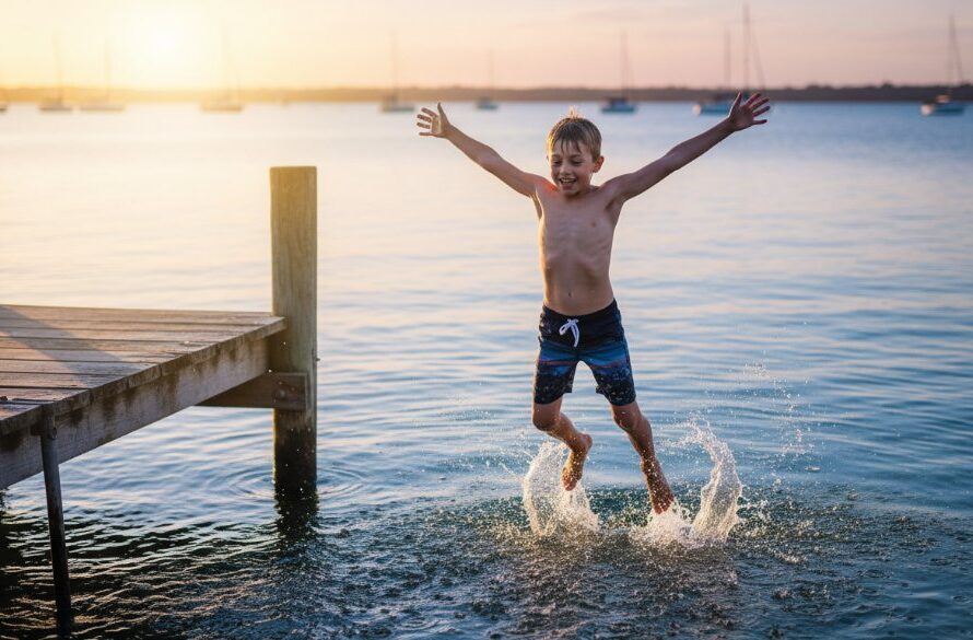 An epic moment captured during candid kids photography Lakes Entrance jetties adventure, showing a child joyfully leaping off a wooden jetty into the shallow water at sunset, dramatic backlighting, golden hour glow, professional color grading.
