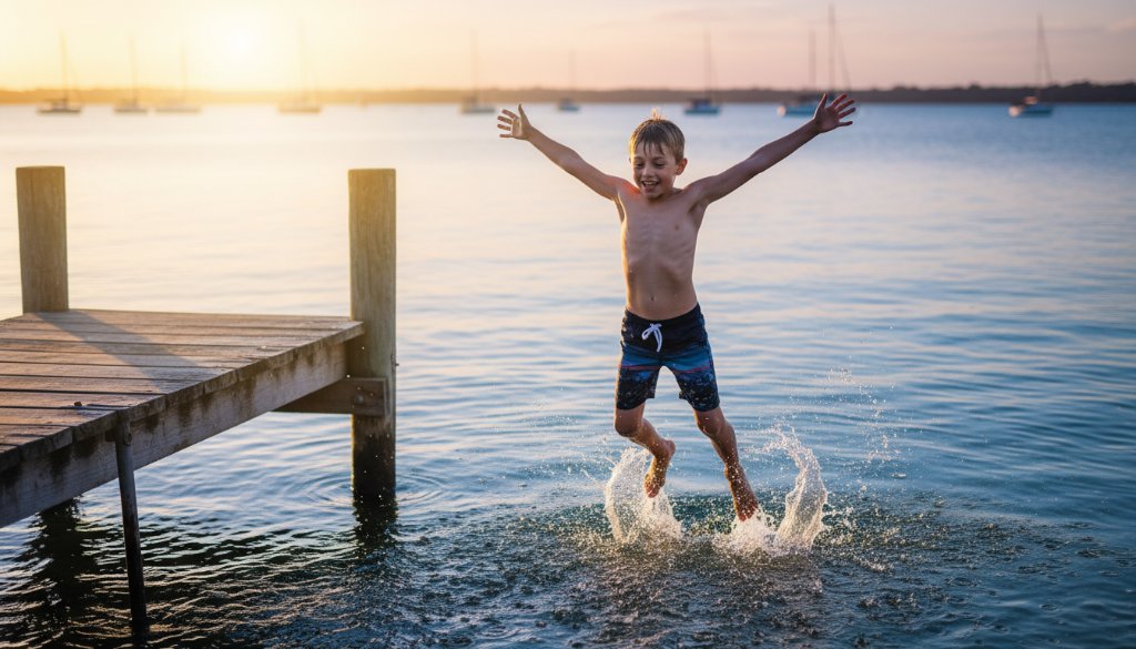 An epic moment captured during candid kids photography Lakes Entrance jetties adventure, showing a child joyfully leaping off a wooden jetty into the shallow water at sunset, dramatic backlighting, golden hour glow, professional color grading.