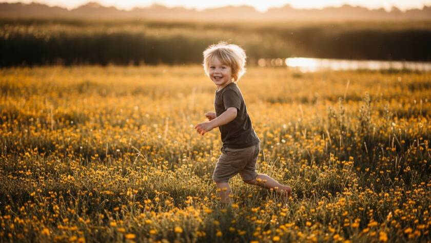 A heartwarming, professionally colour-graded photograph capturing an epic moment of a child laughing joyfully while running through the wildflowers at Laverton Wetlands, sun-kissed hair blowing, exemplifying Candid Kids Photography Laverton Wetlands Victoria.