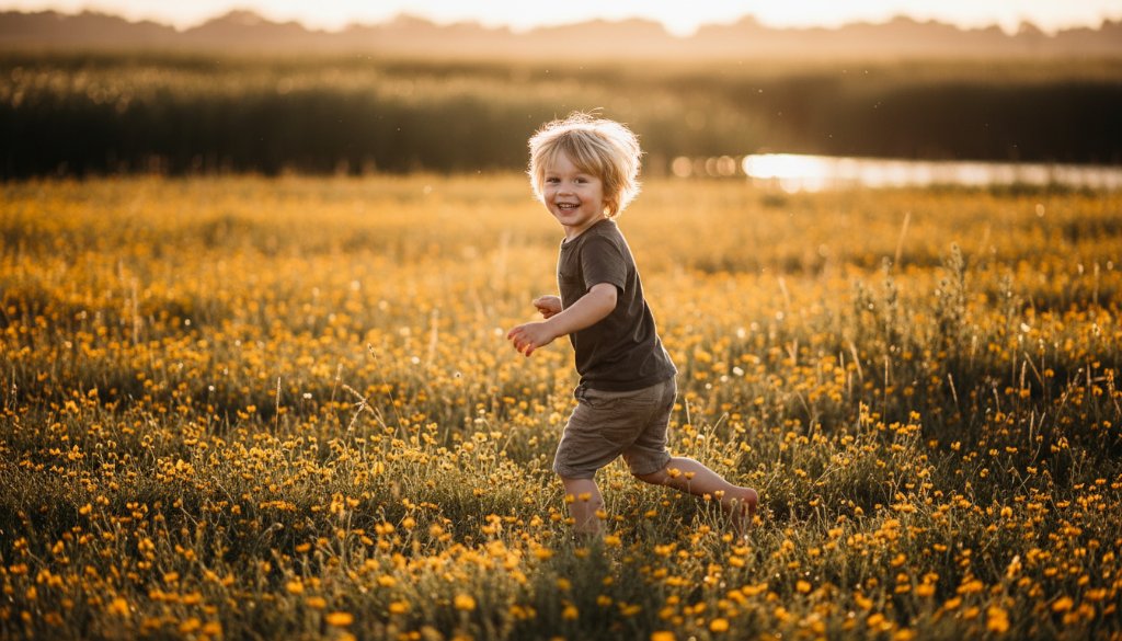 A heartwarming, professionally colour-graded photograph capturing an epic moment of a child laughing joyfully while running through the wildflowers at Laverton Wetlands, sun-kissed hair blowing, exemplifying Candid Kids Photography Laverton Wetlands Victoria.