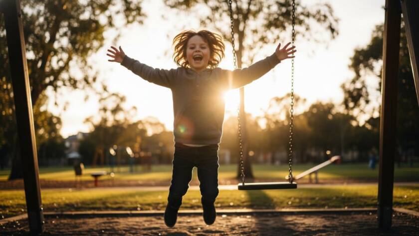 A vibrant, candid kids photography moment in Carnegie, showing a child laughing joyfully mid-jump in a sun-dappled park, with dynamic lighting capturing their pure elation and movement.