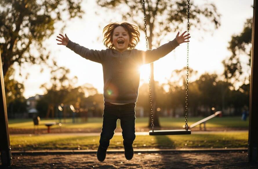 A vibrant, candid kids photography moment in Carnegie, showing a child laughing joyfully mid-jump in a sun-dappled park, with dynamic lighting capturing their pure elation and movement.
