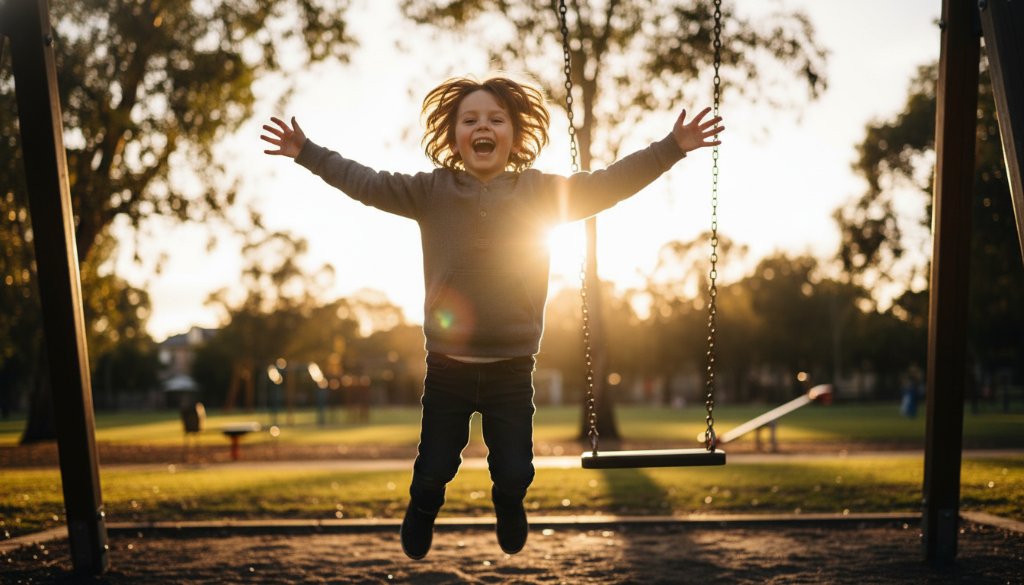 A vibrant, candid kids photography moment in Carnegie, showing a child laughing joyfully mid-jump in a sun-dappled park, with dynamic lighting capturing their pure elation and movement.