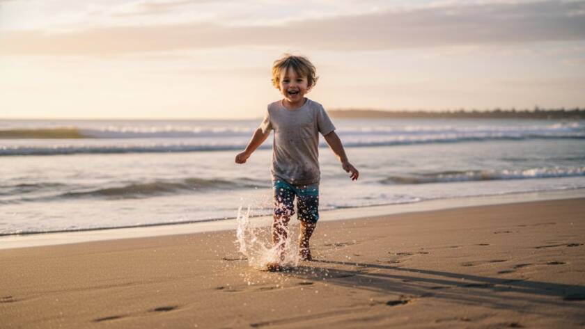 An energetic child, mid-jump on Hampton Beach at sunset, silhouetted against a golden sky while a gentle wave splashes around their feet, perfectly illustrating candid kids photography moments Hampton.