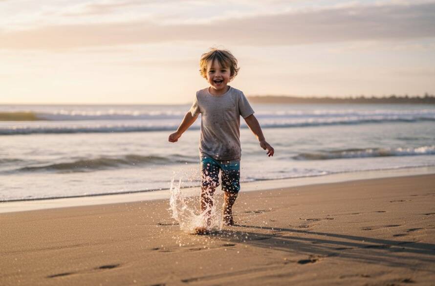 An energetic child, mid-jump on Hampton Beach at sunset, silhouetted against a golden sky while a gentle wave splashes around their feet, perfectly illustrating candid kids photography moments Hampton.