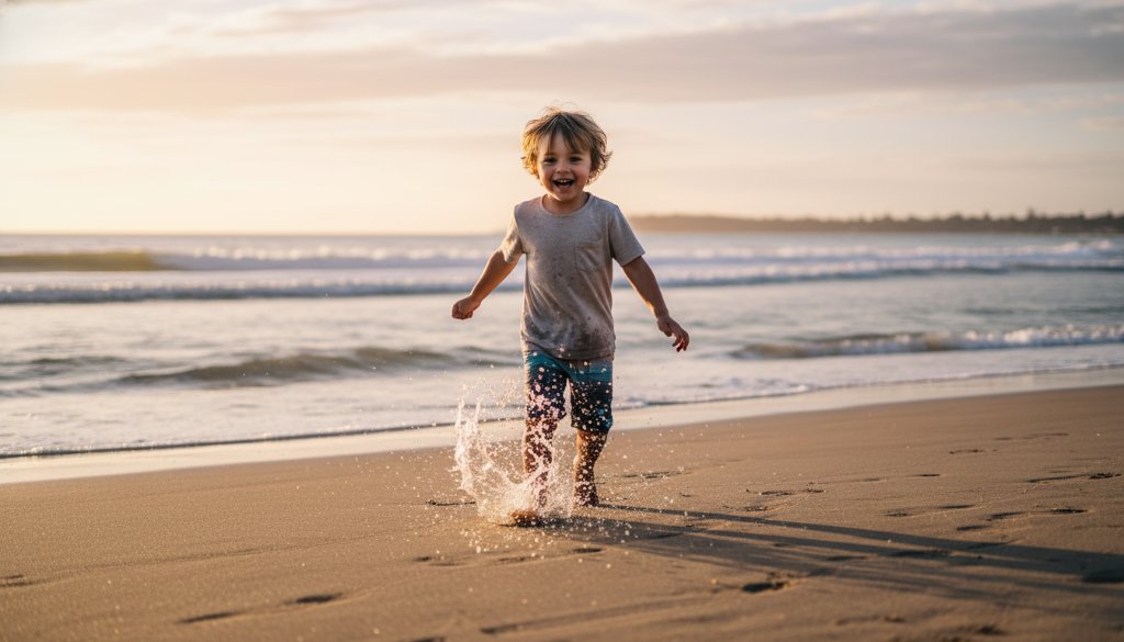 An energetic child, mid-jump on Hampton Beach at sunset, silhouetted against a golden sky while a gentle wave splashes around their feet, perfectly illustrating candid kids photography moments Hampton.