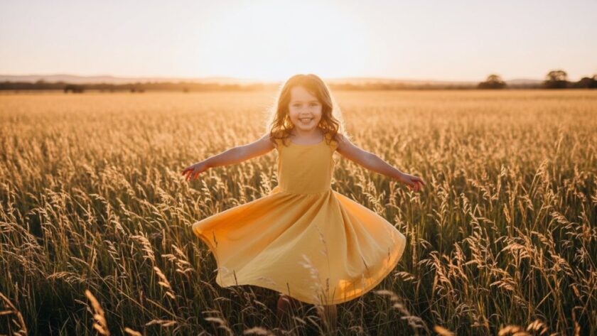 An epic moment captured in Newborough, featuring a young child laughing joyfully as they run through a field of golden grass at sunset, their parents silhouetted softly in the background. The candid kids photography Newborough family portraits image highlights the child's pure delight, with dramatic backlight creating a golden halo and professional cinematic colour grading.