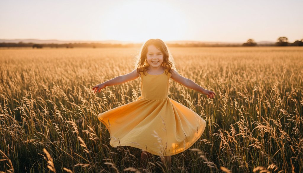 An epic moment captured in Newborough, featuring a young child laughing joyfully as they run through a field of golden grass at sunset, their parents silhouetted softly in the background. The candid kids photography Newborough family portraits image highlights the child's pure delight, with dramatic backlight creating a golden halo and professional cinematic colour grading.