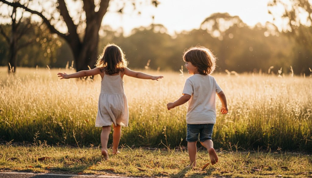 A professional, cinematic photograph capturing an epic moment of joyful children playing spontaneously in a sun-drenched park in North Geelong, showcasing candid kids photography North Geelong capturing genuine smiles, with dramatic lighting and vibrant colours.