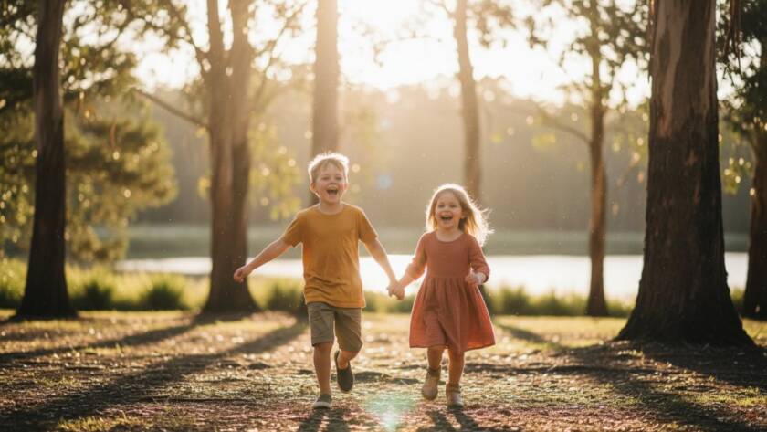 An epic moment of joyful siblings laughing and playing freely amidst the golden hour glow at Blackburn Lake Sanctuary, perfectly captured during a candid kids photography Nunawading family session.