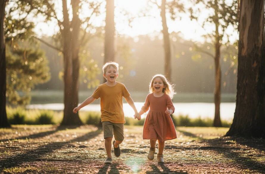 An epic moment of joyful siblings laughing and playing freely amidst the golden hour glow at Blackburn Lake Sanctuary, perfectly captured during a candid kids photography Nunawading family session.