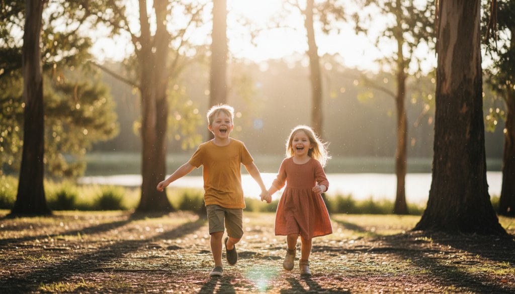 An epic moment of joyful siblings laughing and playing freely amidst the golden hour glow at Blackburn Lake Sanctuary, perfectly captured during a candid kids photography Nunawading family session.