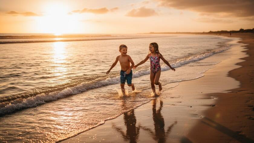 An epic moment of pure candid kids photography Parkdale foreshore joy, showing two children laughing and running through the shallow waves at sunset, with golden light reflecting on the water, a professional, colour-graded cinematic photograph.