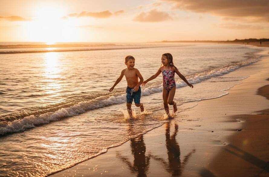 An epic moment of pure candid kids photography Parkdale foreshore joy, showing two children laughing and running through the shallow waves at sunset, with golden light reflecting on the water, a professional, colour-graded cinematic photograph.