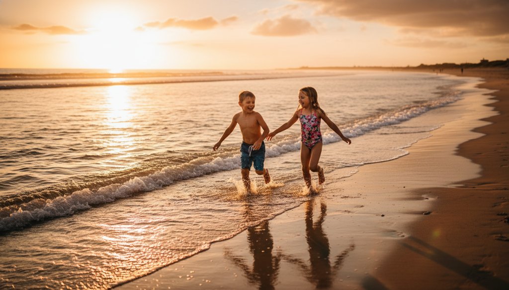 An epic moment of pure candid kids photography Parkdale foreshore joy, showing two children laughing and running through the shallow waves at sunset, with golden light reflecting on the water, a professional, colour-graded cinematic photograph.
