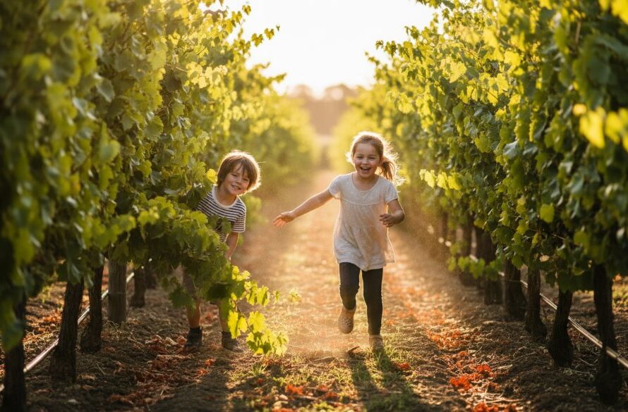A wide-angle, low-angle professional photograph capturing an epic moment of two young children, aged 6 and 8, running joyfully through a sun-dappled vineyard at sunset in Red Cliffs, Victoria. Their laughter is visible as golden light filters through the grapevines, creating a warm, magical glow around them. This image embodies authentic Candid Kids Photography Red Cliffs Victoria, showcasing pure, uninhibited childhood joy in a stunning natural setting.