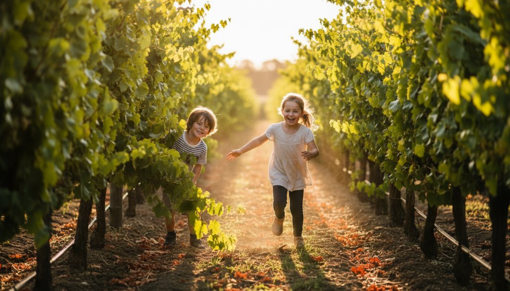 A wide-angle, low-angle professional photograph capturing an epic moment of two young children, aged 6 and 8, running joyfully through a sun-dappled vineyard at sunset in Red Cliffs, Victoria. Their laughter is visible as golden light filters through the grapevines, creating a warm, magical glow around them. This image embodies authentic Candid Kids Photography Red Cliffs Victoria, showcasing pure, uninhibited childhood joy in a stunning natural setting.
