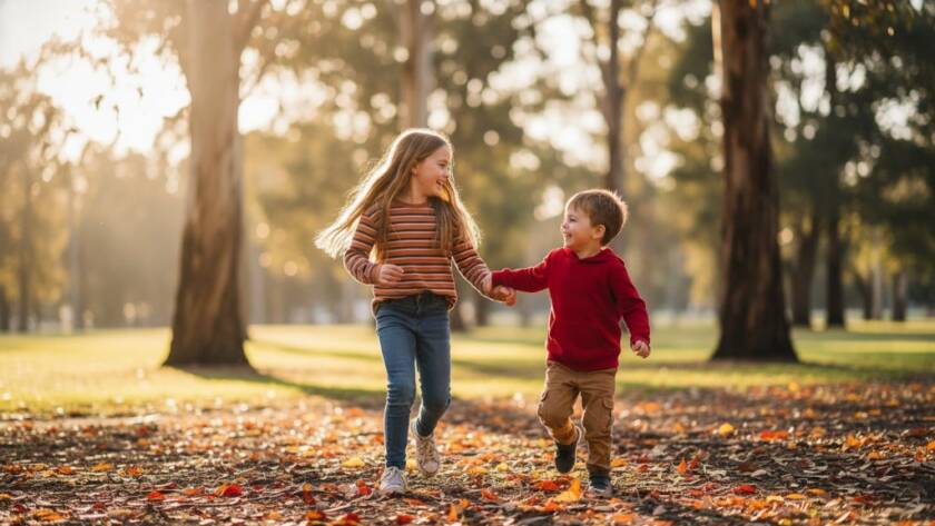 A vibrant, professionally colour-graded photograph capturing an authentic, joyful moment of candid kids photography in Ringwood East Victoria, with two children laughing as they play amongst autumn leaves in a sun-dappled park, embodying an epic moment of childhood wonder.