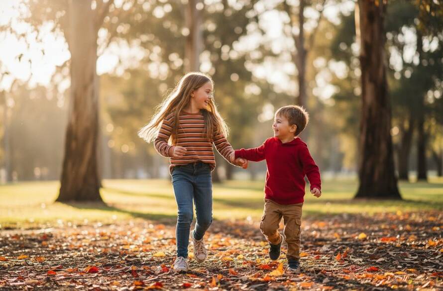 A vibrant, professionally colour-graded photograph capturing an authentic, joyful moment of candid kids photography in Ringwood East Victoria, with two children laughing as they play amongst autumn leaves in a sun-dappled park, embodying an epic moment of childhood wonder.