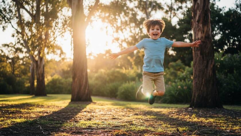 An epic, emotionally resonant photograph capturing a child mid-laugh during a candid kids photography session in Blackburn South, bathed in golden hour light. The child, about 6 years old, is running through a sun-dappled park, with blurred native Australian trees in the background, a genuine expression of pure joy on their face. The image features professional color grading and dramatic lighting, highlighting the child's movement and happiness, creating a truly unforgettable moment.