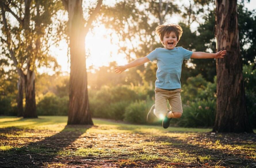 An epic, emotionally resonant photograph capturing a child mid-laugh during a candid kids photography session in Blackburn South, bathed in golden hour light. The child, about 6 years old, is running through a sun-dappled park, with blurred native Australian trees in the background, a genuine expression of pure joy on their face. The image features professional color grading and dramatic lighting, highlighting the child's movement and happiness, creating a truly unforgettable moment.