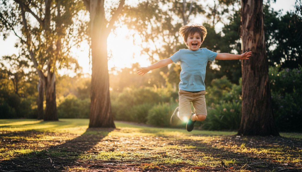 An epic, emotionally resonant photograph capturing a child mid-laugh during a candid kids photography session in Blackburn South, bathed in golden hour light. The child, about 6 years old, is running through a sun-dappled park, with blurred native Australian trees in the background, a genuine expression of pure joy on their face. The image features professional color grading and dramatic lighting, highlighting the child's movement and happiness, creating a truly unforgettable moment.