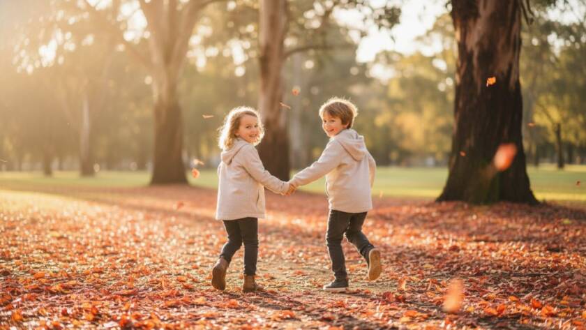 A heartwarming candid kids photography sessions Wantirna moment, featuring two children laughing joyfully amidst sun-drenched autumn leaves in a Wantirna park, captured with professional dramatic lighting and vibrant colour grading.