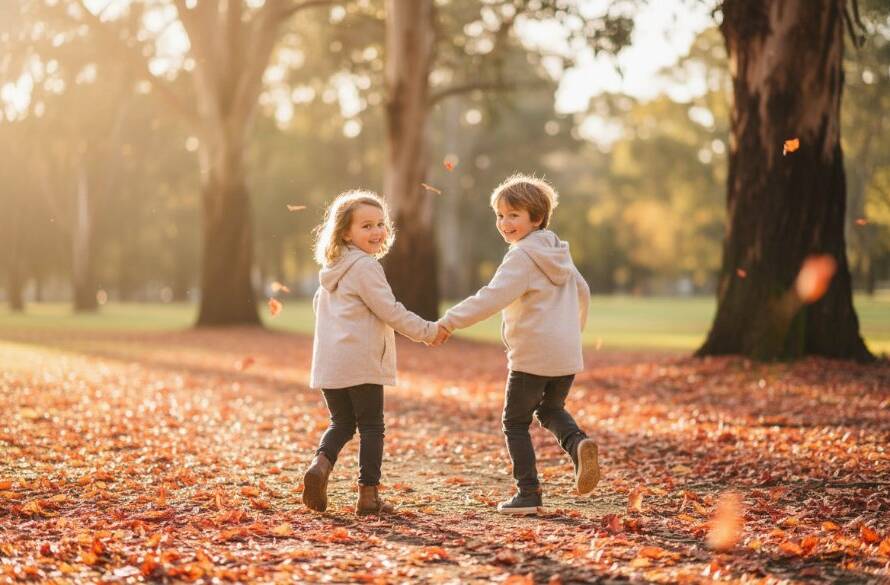 A heartwarming candid kids photography sessions Wantirna moment, featuring two children laughing joyfully amidst sun-drenched autumn leaves in a Wantirna park, captured with professional dramatic lighting and vibrant colour grading.