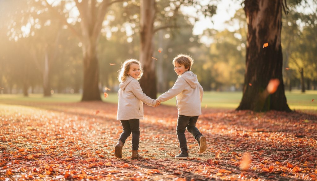 A heartwarming candid kids photography sessions Wantirna moment, featuring two children laughing joyfully amidst sun-drenched autumn leaves in a Wantirna park, captured with professional dramatic lighting and vibrant colour grading.