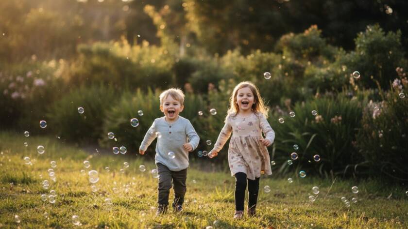 A wide shot capturing an epic moment of candid kids photography in Springvale South Victoria, featuring two children laughing joyfully while playing with bubbles in golden hour sunlight at Alex Wilkie Nature Reserve, professional colour grading.