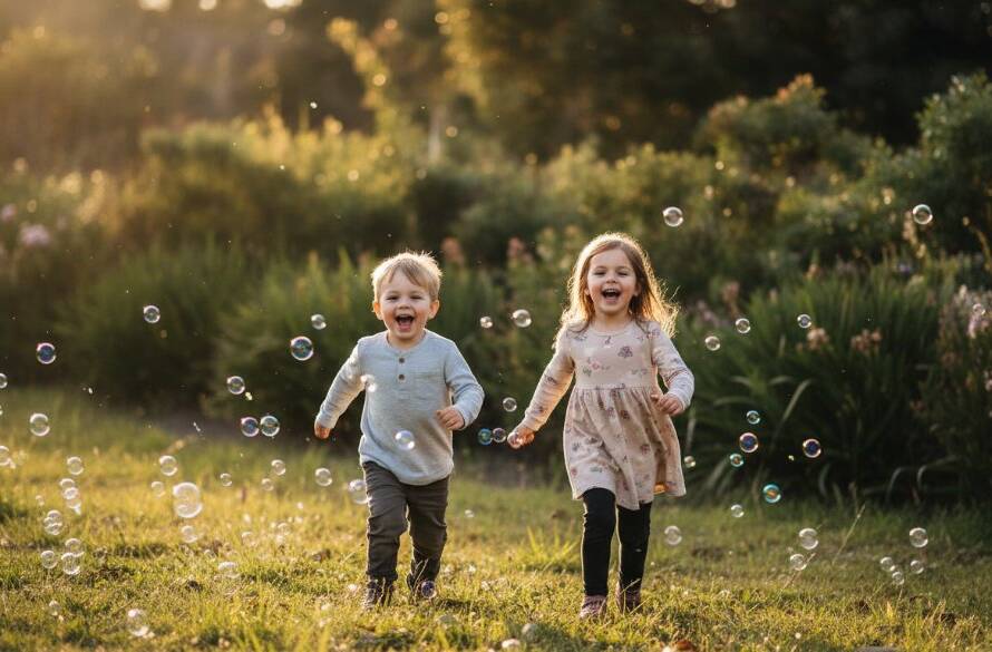 A wide shot capturing an epic moment of candid kids photography in Springvale South Victoria, featuring two children laughing joyfully while playing with bubbles in golden hour sunlight at Alex Wilkie Nature Reserve, professional colour grading.