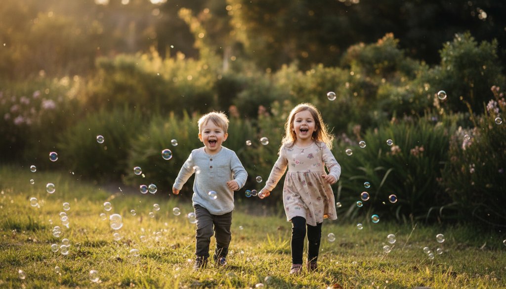 A wide shot capturing an epic moment of candid kids photography in Springvale South Victoria, featuring two children laughing joyfully while playing with bubbles in golden hour sunlight at Alex Wilkie Nature Reserve, professional colour grading.