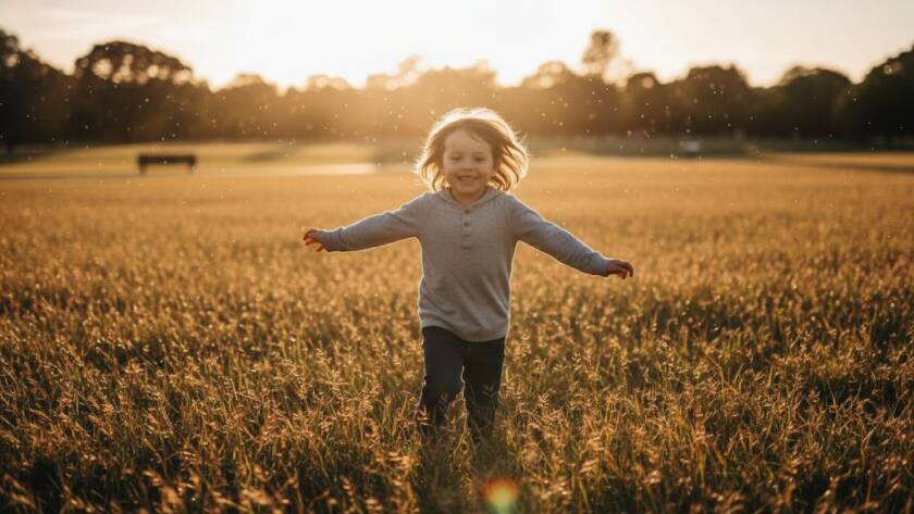 An emotionally resonant, professional photograph of a young child laughing joyfully while playing with their parents in a sun-drenched park in Sunshine West, Victoria, bathed in dramatic golden hour light. The image captures authentic kids photography Sunshine West joyful family moments, with a shallow depth of field and professional colour grading, highlighting genuine connection.