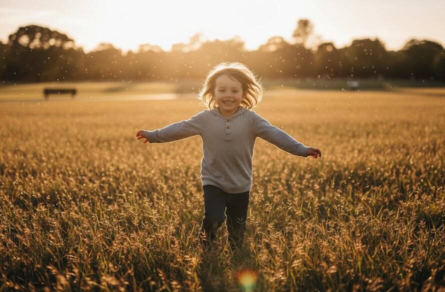 An emotionally resonant, professional photograph of a young child laughing joyfully while playing with their parents in a sun-drenched park in Sunshine West, Victoria, bathed in dramatic golden hour light. The image captures authentic kids photography Sunshine West joyful family moments, with a shallow depth of field and professional colour grading, highlighting genuine connection.