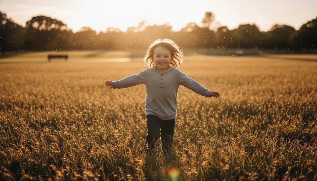 An emotionally resonant, professional photograph of a young child laughing joyfully while playing with their parents in a sun-drenched park in Sunshine West, Victoria, bathed in dramatic golden hour light. The image captures authentic kids photography Sunshine West joyful family moments, with a shallow depth of field and professional colour grading, highlighting genuine connection.