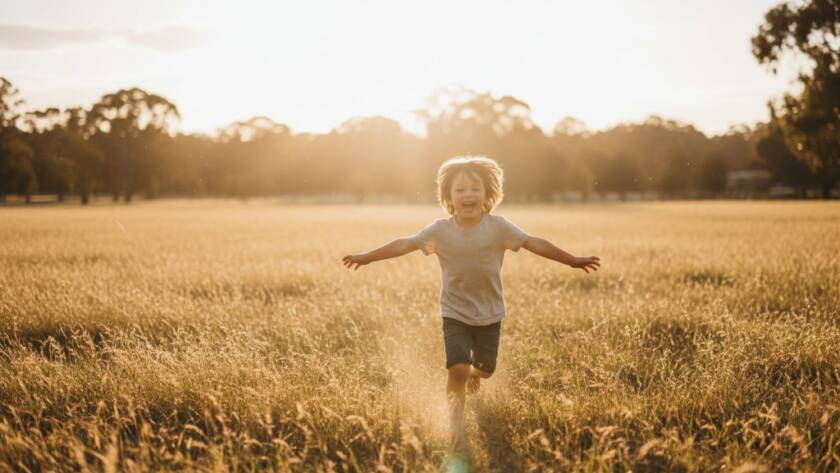 Epic moment of a child laughing joyfully mid-jump in a sun-drenched park in Templestowe, showcasing candid kids photography Templestowe natural moments, with warm, cinematic lighting and professional colour grading.