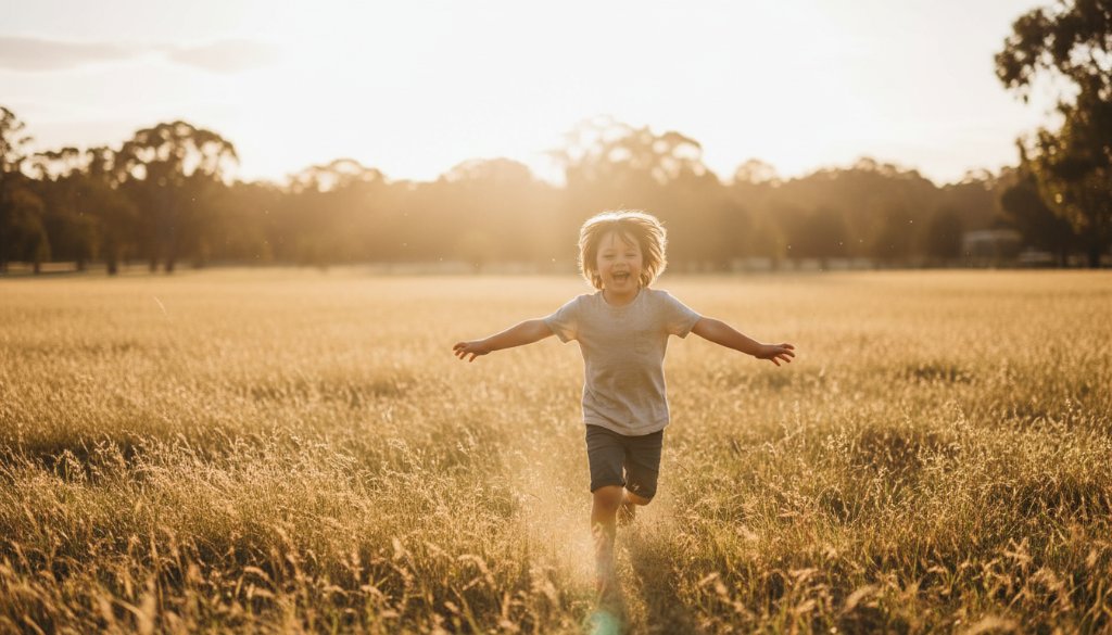 Epic moment of a child laughing joyfully mid-jump in a sun-drenched park in Templestowe, showcasing candid kids photography Templestowe natural moments, with warm, cinematic lighting and professional colour grading.