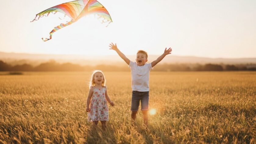 A wide shot capturing the pure joy of Candid Kids Photography Traralgon Fun, featuring two children laughing spontaneously while running through a sun-dappled park in Traralgon, Victoria, with a golden hour glow, evoking a heartwarming, cinematic feel.