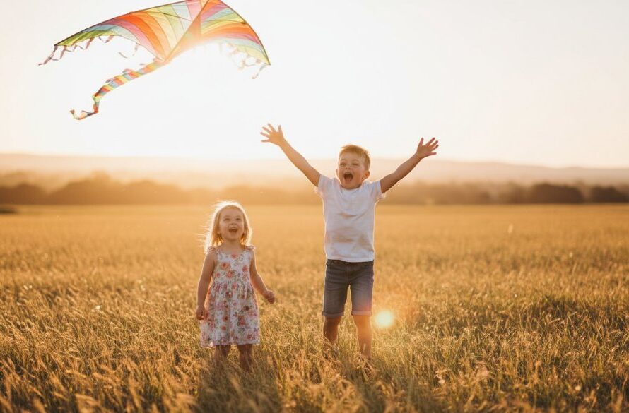 A wide shot capturing the pure joy of Candid Kids Photography Traralgon Fun, featuring two children laughing spontaneously while running through a sun-dappled park in Traralgon, Victoria, with a golden hour glow, evoking a heartwarming, cinematic feel.
