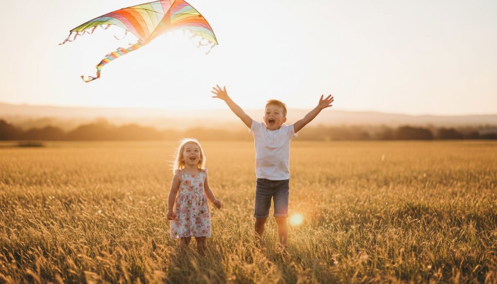 A wide shot capturing the pure joy of Candid Kids Photography Traralgon Fun, featuring two children laughing spontaneously while running through a sun-dappled park in Traralgon, Victoria, with a golden hour glow, evoking a heartwarming, cinematic feel.