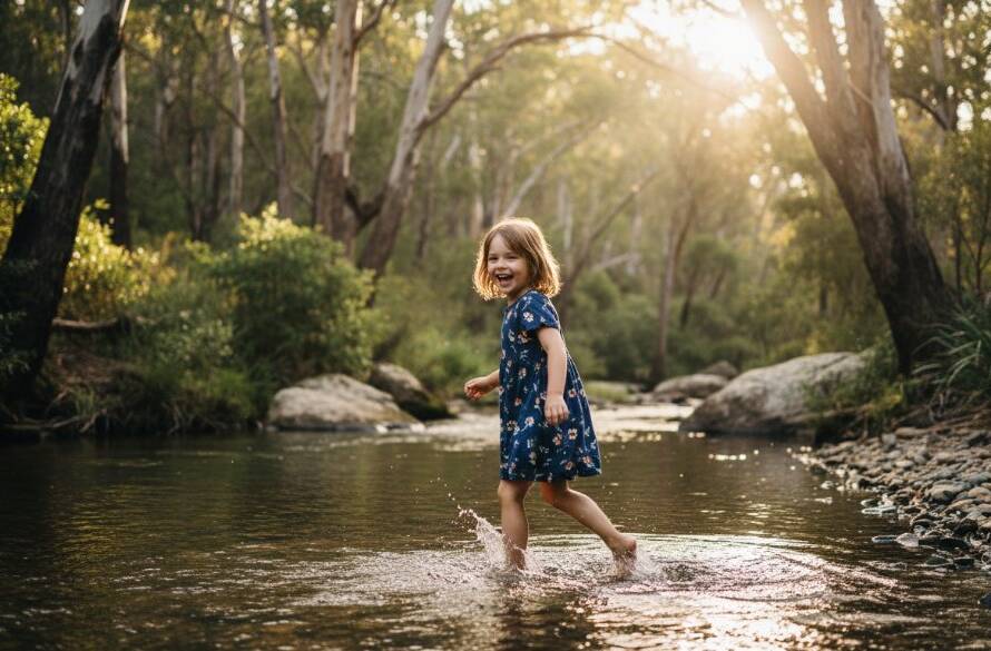 An epic moment of pure joy captured through Candid Kids Photography Warrandyte Riverside, showing a child laughing with arms outstretched, running through dappled sunlight near the Yarra River, with vibrant Warrandyte bushland in the background, professional colour grading.