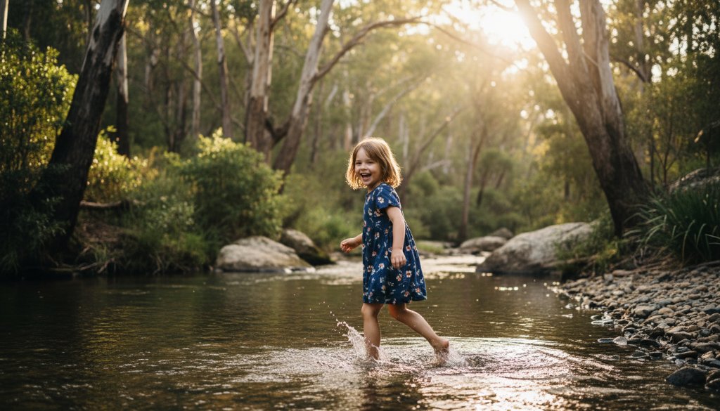 An epic moment of pure joy captured through Candid Kids Photography Warrandyte Riverside, showing a child laughing with arms outstretched, running through dappled sunlight near the Yarra River, with vibrant Warrandyte bushland in the background, professional colour grading.