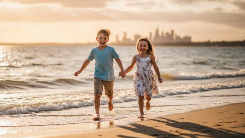 An epic moment of joyful siblings laughing together during a candid kids photography Williamstown North Foreshore session, with the golden light of sunset shimmering over the bay in the background.