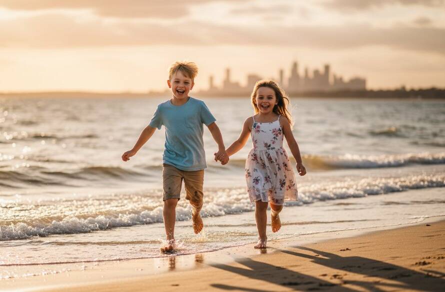 An epic moment of joyful siblings laughing together during a candid kids photography Williamstown North Foreshore session, with the golden light of sunset shimmering over the bay in the background.