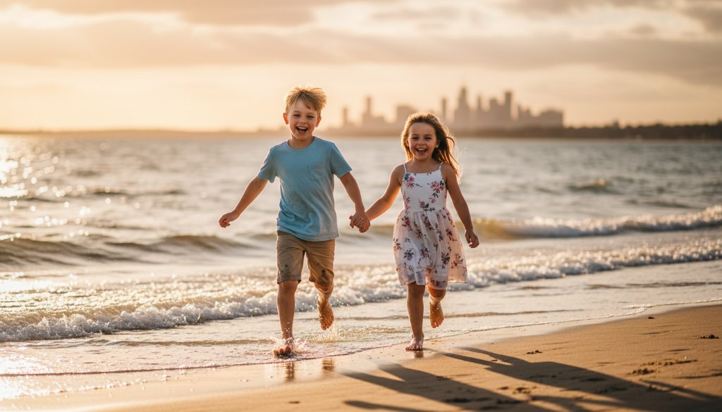 An epic moment of joyful siblings laughing together during a candid kids photography Williamstown North Foreshore session, with the golden light of sunset shimmering over the bay in the background.