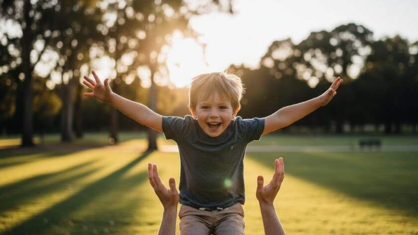An epic moment of pure joy: a child laughing mid-air while being playfully tossed by a parent in the golden hour glow of Yarraville Gardens Melbourne, showcasing authentic candid kids photography.