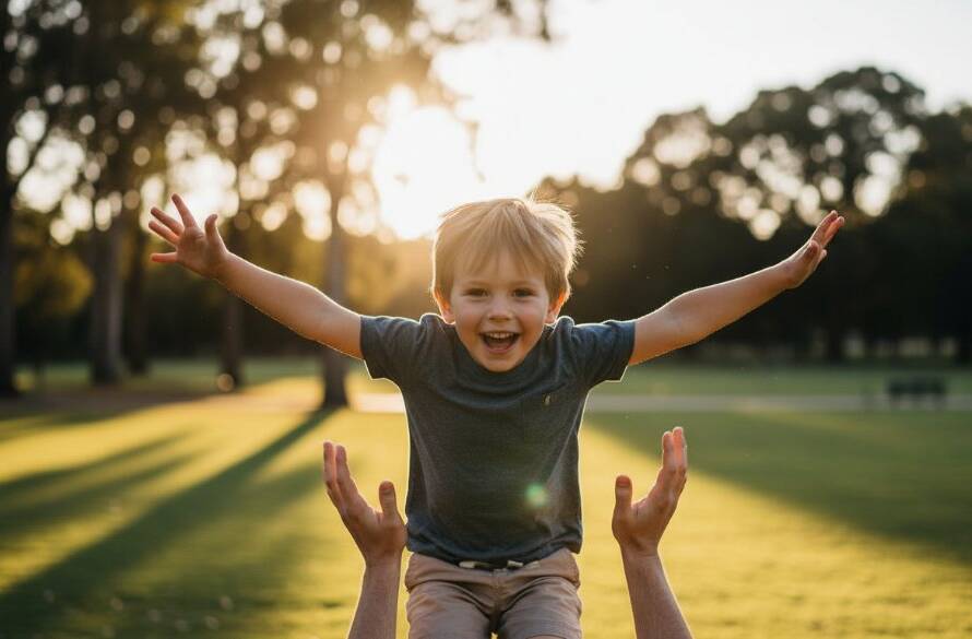 An epic moment of pure joy: a child laughing mid-air while being playfully tossed by a parent in the golden hour glow of Yarraville Gardens Melbourne, showcasing authentic candid kids photography.