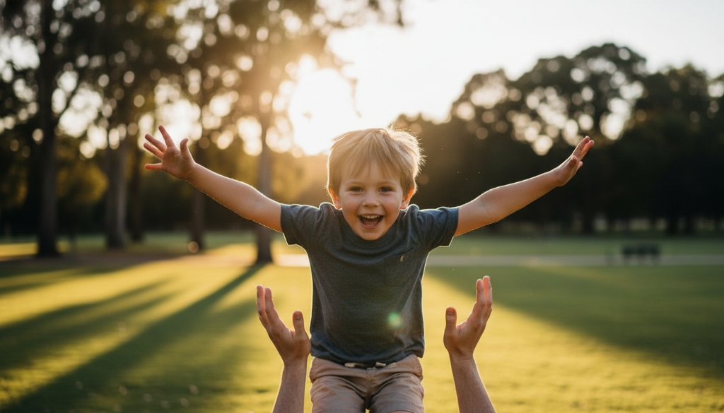 An epic moment of pure joy: a child laughing mid-air while being playfully tossed by a parent in the golden hour glow of Yarraville Gardens Melbourne, showcasing authentic candid kids photography.
