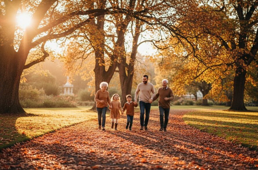 An epic moment captured during candid Kyneton family photoshoots Victoria, featuring a multi-generational family laughing joyfully amidst the golden hour light of a Kyneton historic garden, professionally photographed with rich colours.